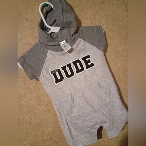 Carter Gray Hooded Baby Romper with 'Little Dude' Print